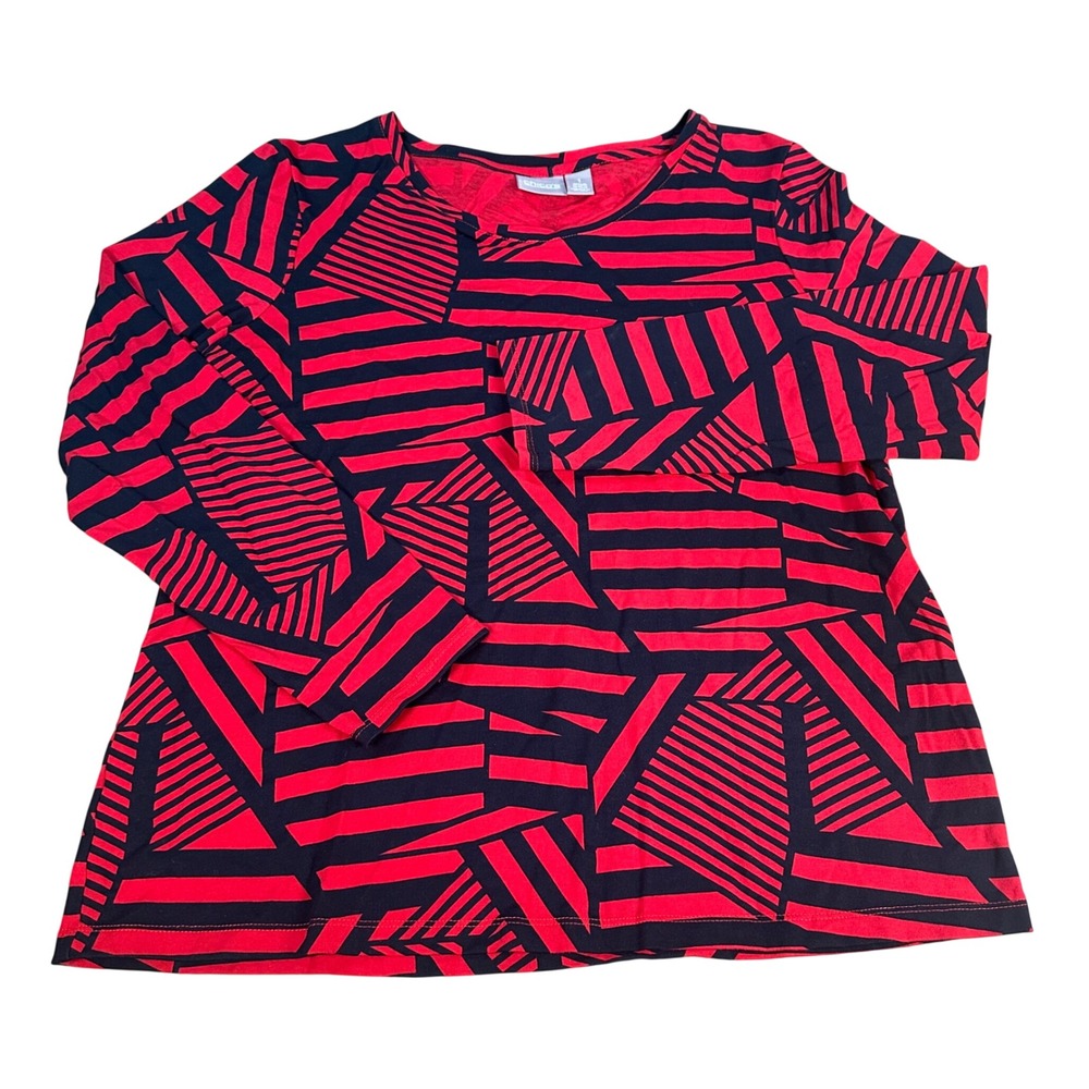 Chico's Red Black Geometric Long Sleeve Shirt Cotton Blend Women Size 1 Medium